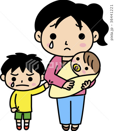 泣く母親と子のイラスト素材