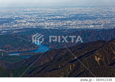 冬の蛭ヶ岳から見る宮ヶ瀬湖と関東平野の眺め 36441336