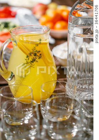 Fruit juice in the decanter. Morning hotel 36441706