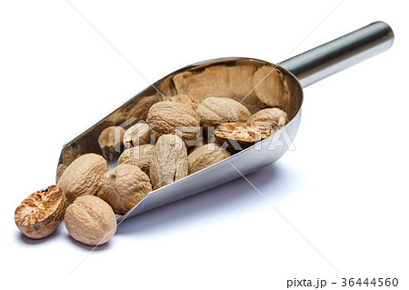 Scoop full of nutmegs isolated on white background Scoop full of nutmegs isolated on white background 36444560