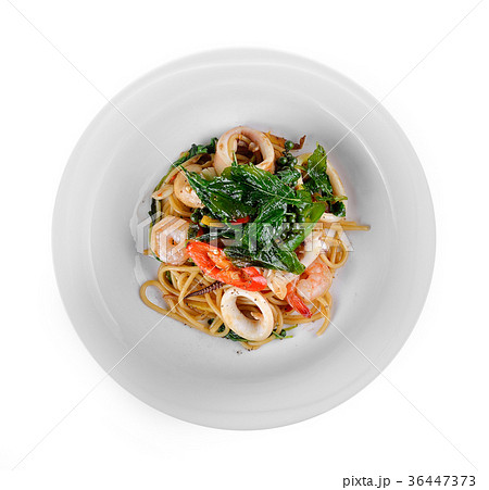 Spaghetti drunken seafood in the white plate 36447373