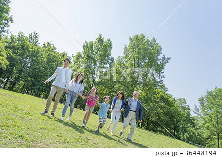 新緑の公園で遊ぶ3世代家族 新緑の公園で遊ぶ3世代家族 36448194