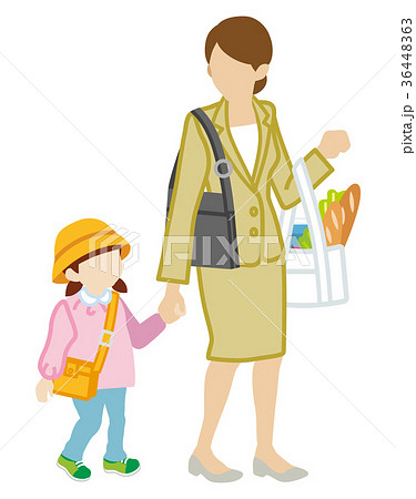 手を繋いで歩く母親と娘 幼稚園 お迎え 顔なしのイラスト素材