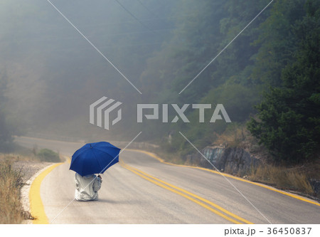 female in a raincoat and umbrella on the road 36450837