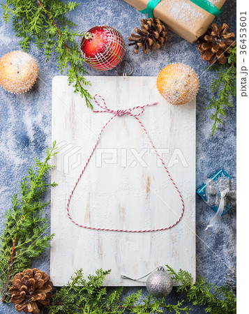 Christmas flat lay background with twine bell Christmas flat lay background with twine bell 36453601
