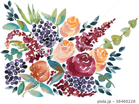 水彩ブーケ手描き花束赤いバラオレンジ薔薇ケイトウ葉っぱビルベリーのイラスト素材
