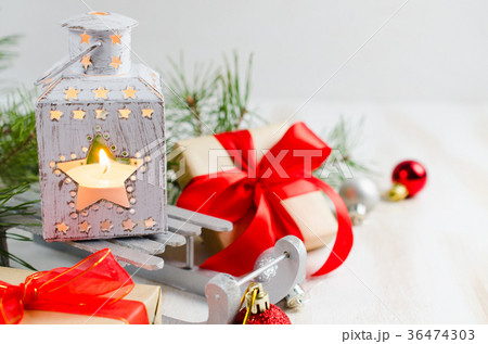 Christmas still life with lantern and decorations 36474303