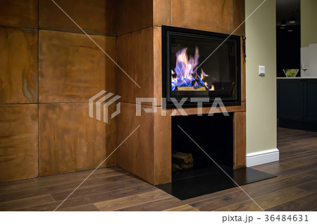 Fireplace with burning firewood 36484631
