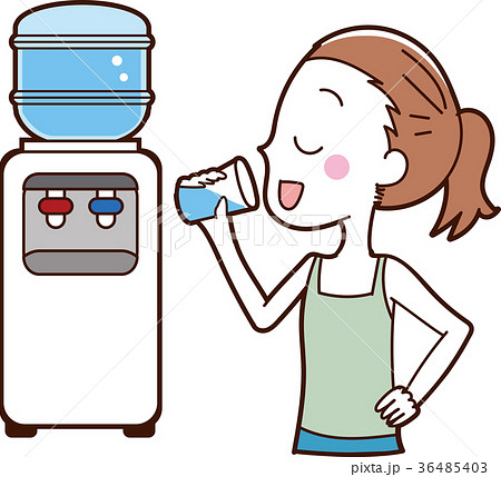 ウォーターサーバーの水を飲む女性のイラストのイラスト素材