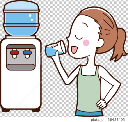 ウォーターサーバーの水を飲む女性のイラストのイラスト素材