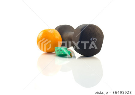 Dumbbell, orange and measuring tape 36495928