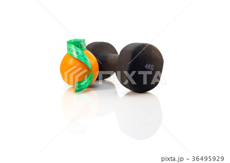 Dumbbell, orange and measuring tape 36495929