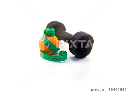 Dumbbell, orange and measuring tape 36495932