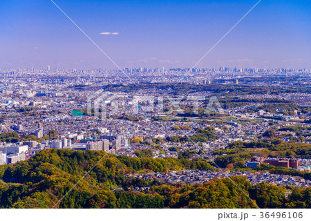 紅葉した高尾山から見る、東京方面の街並み 36496106