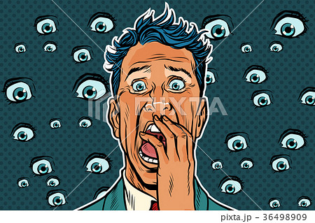 Horrible background with eyes and a frightened man 36498909