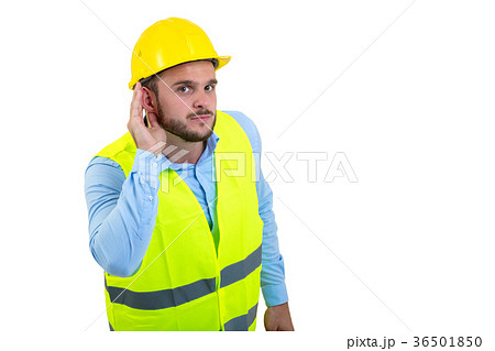Workman making silence gesture over isolated white Workman making silence gesture over isolated white 36501850