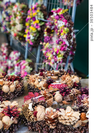Christmas market of home made wreaths 36503484