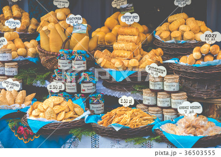 Traditional polish smoked cheese oscypek on market 36503555