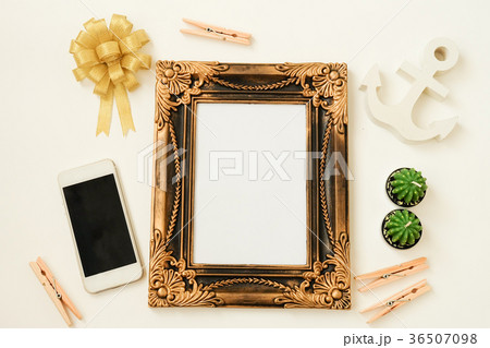 top view vintage with mock up frame photo, cactus 36507098