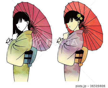 和傘を差す着物姿の女性のイラスト素材