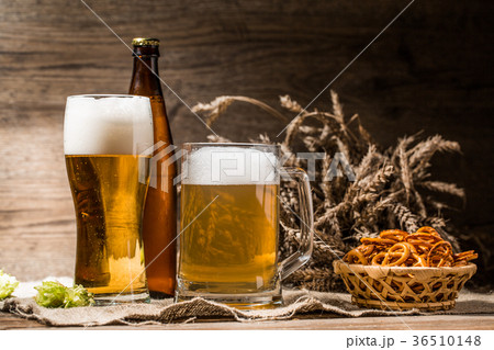 Mug, glasse, bottle of beer with foam close up Mug, glasse, bottle of beer with foam close up 36510148