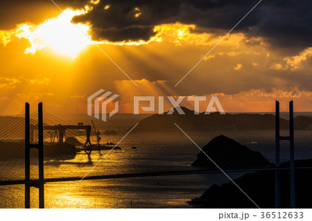 鍋冠山からの夕陽と光芒 女神大橋と伊王島の眺め 鍋冠山からの夕陽と光芒 女神大橋と伊王島の眺め 36512633