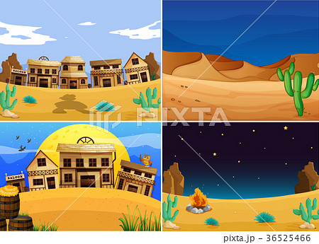 Four Western Land With Buildings And Cactusのイラスト素材