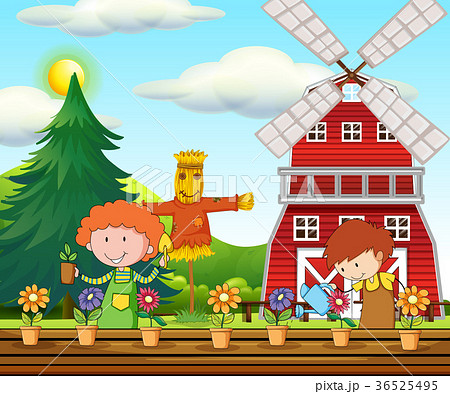 Scene with gardener planting flowers 36525495