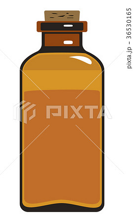 Medical bottle of dark glass with cork stopper. 36530165