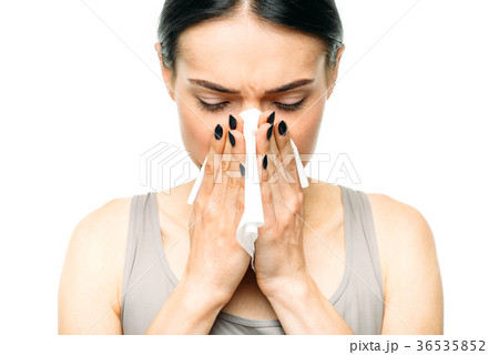 Painful woman with runny nose, snot or flu 36535852