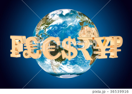 Currency symbols around the Earth Globe 36539916