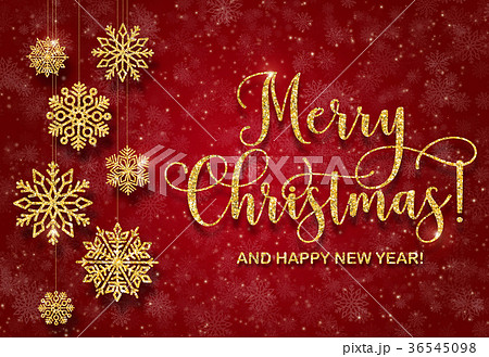 Greeting card with golden text on a red background. Glitter Merry Christmas and happy new year Greeting card with golden text on a red background. Glitter Merry Christmas and happy new year 36545098