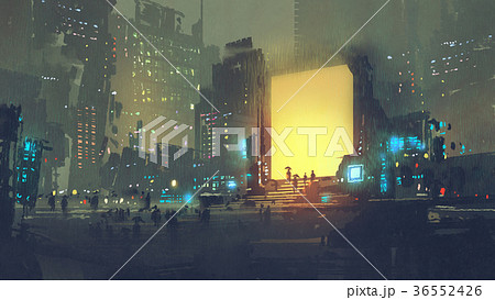 futuristic city with people in teleport station 36552426