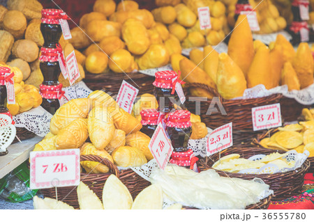 Traditional polish smoked cheese oscypek on market 36555780