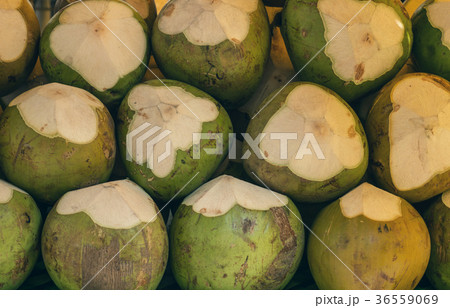 Closeup of fresh Coconut on the table on market 36559069