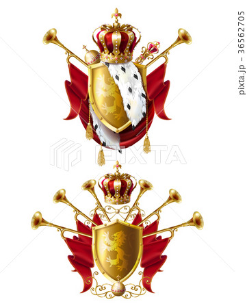 Royal golden crowns, fanfares, scepter and orb 36562705