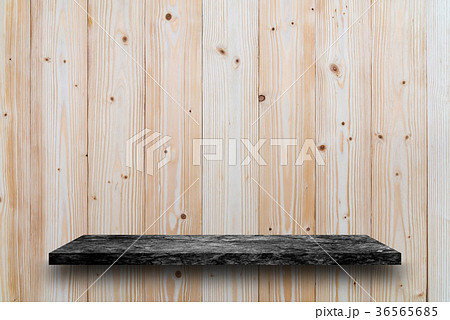 Empty top of black marble stone table on wood wall 36565685