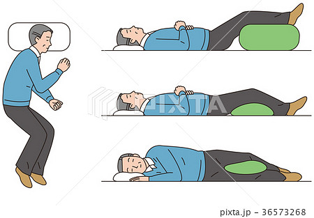 腰痛を軽減する寝方をする中年男性のイラスト素材