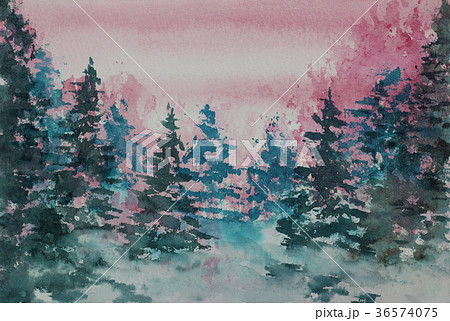 水彩で手描きの森林夜明けピンク色空グリーン木のイラスト素材