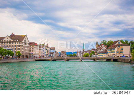 View of the historic city center of Zurich. Church 36584947