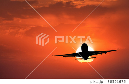 Silhouette of landing aircraft and red sky Silhouette of landing aircraft and red sky 36591676