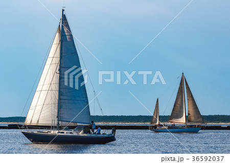 Blue sailboat at river 36592037