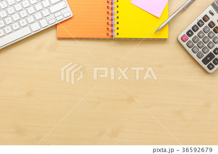 Wooden table top view workplace mockup. Wooden table top view workplace mockup. 36592679