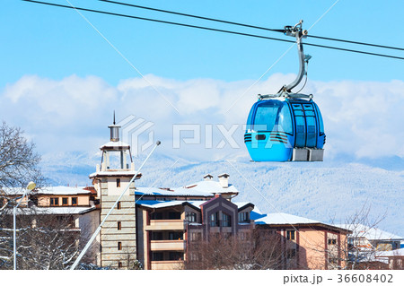 Bansko cable car cabin and snow peaks, Bulgaria 36608402