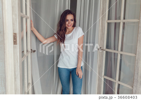 Sexy woman in a white t-shirt. Mock up. 36608403