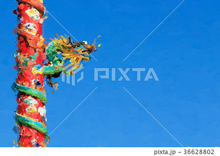 Chinese Dragon on Red Pillar on Blue Background 36628802