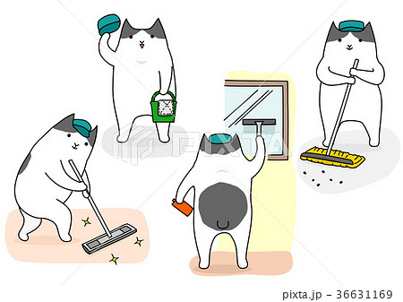 掃除する猫のイラスト素材 36631169 Pixta