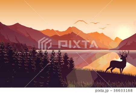 Sunset mountain landscape with deer in a forest 36633168