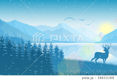 Winter mountain landscape with deer in a forest Winter mountain landscape with deer in a forest 36633169
