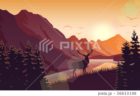 Sunset mountain landscape with deer in a forest 36633196